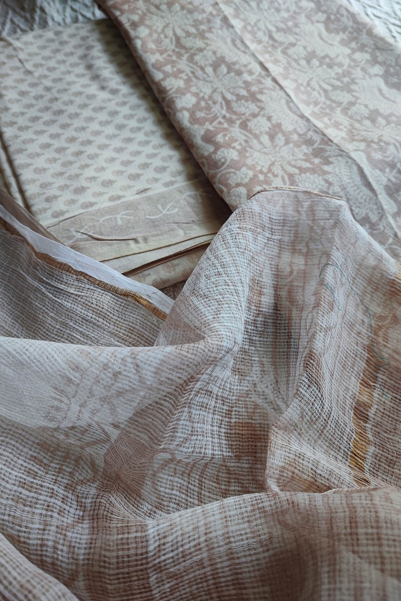 Beige Chanderi Silk Unstitched Suit with Kota Dupatta & Cotton Bottom – Soft Elegant Set