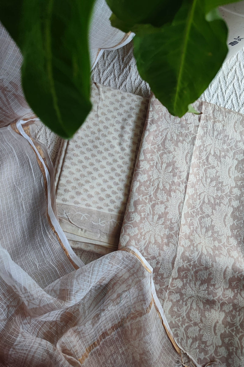 Beige Chanderi Silk Unstitched Suit with Kota Dupatta & Cotton Bottom – Soft Elegant Set