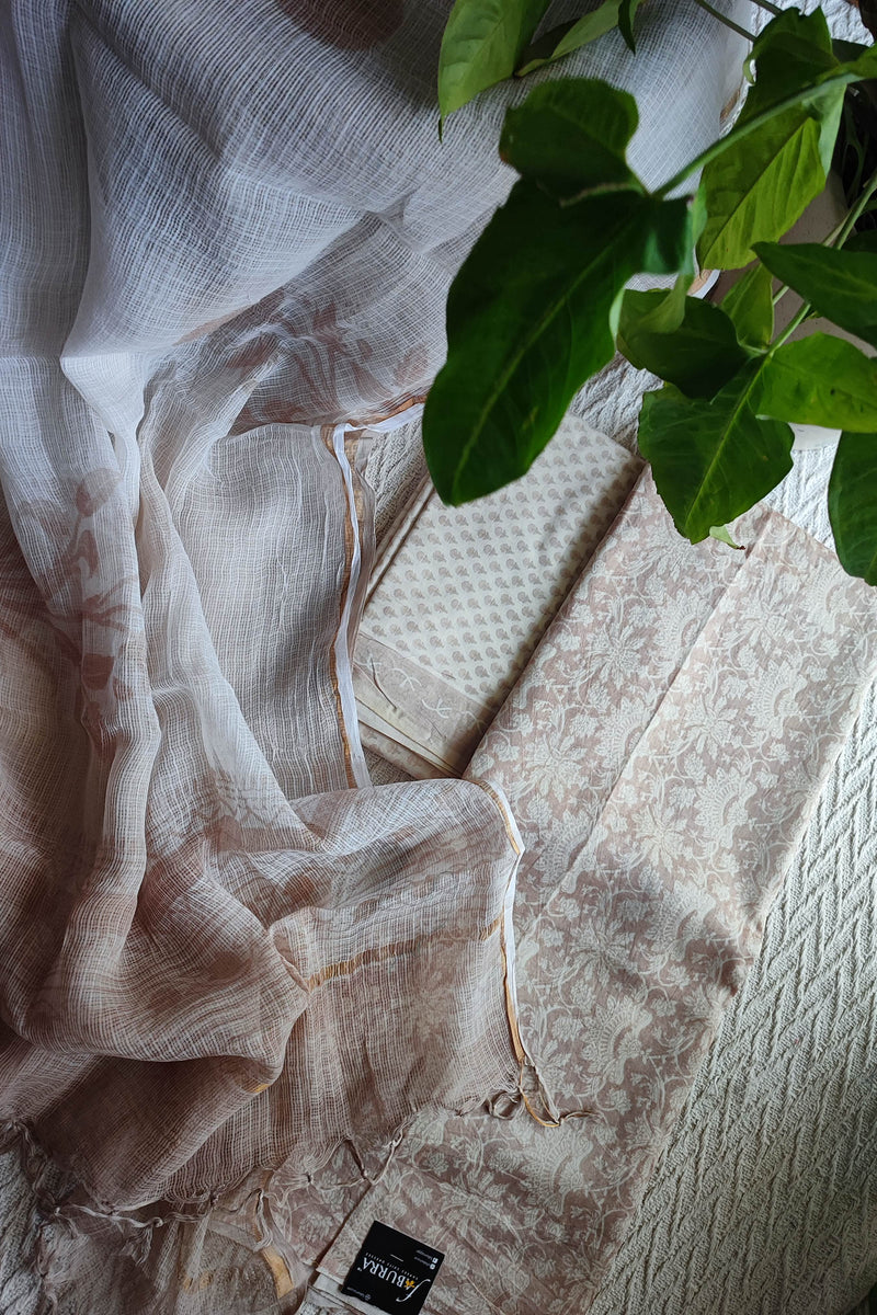 Beige Chanderi Silk Unstitched Suit with Kota Dupatta & Cotton Bottom – Soft Elegant Set