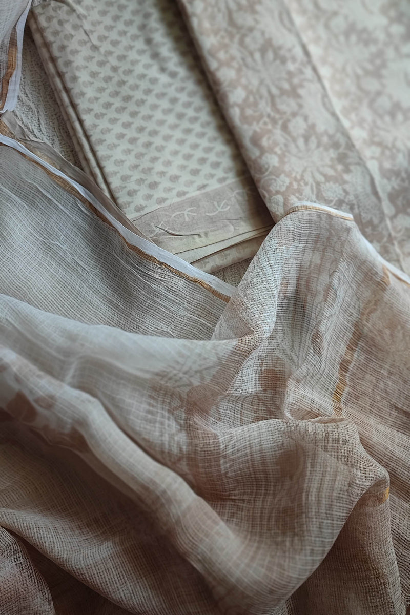 Beige Chanderi Silk Unstitched Suit with Kota Dupatta & Cotton Bottom – Soft Elegant Set