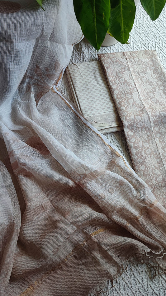 Beige Chanderi Silk Unstitched Suit with Kota Dupatta & Cotton Bottom – Soft Elegant Set