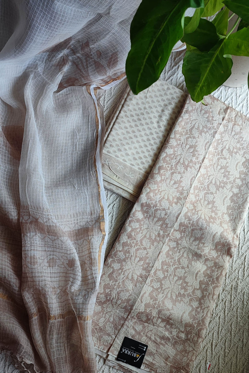Beige Chanderi Silk Unstitched Suit with Kota Dupatta & Cotton Bottom – Soft Elegant Set