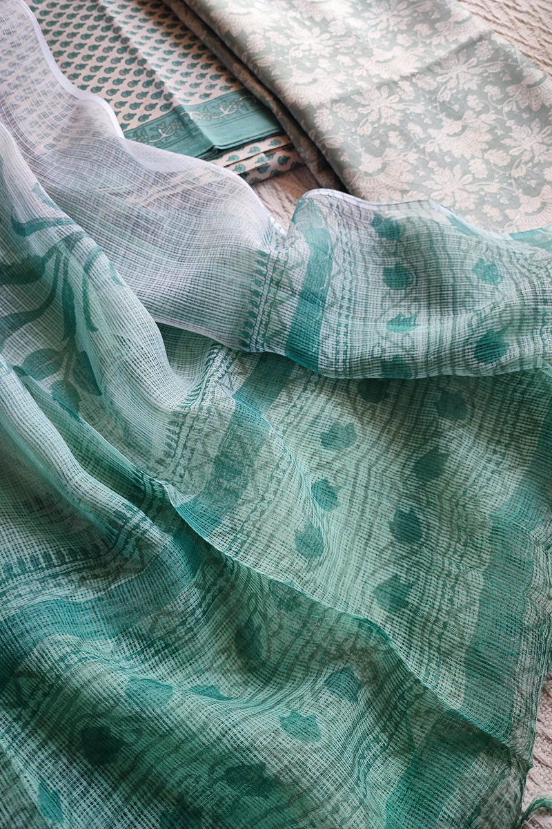 Mint Green Chanderi Silk Unstitched Suit with Kota Dupatta & Cotton Bottom – Elegant Pastel Set