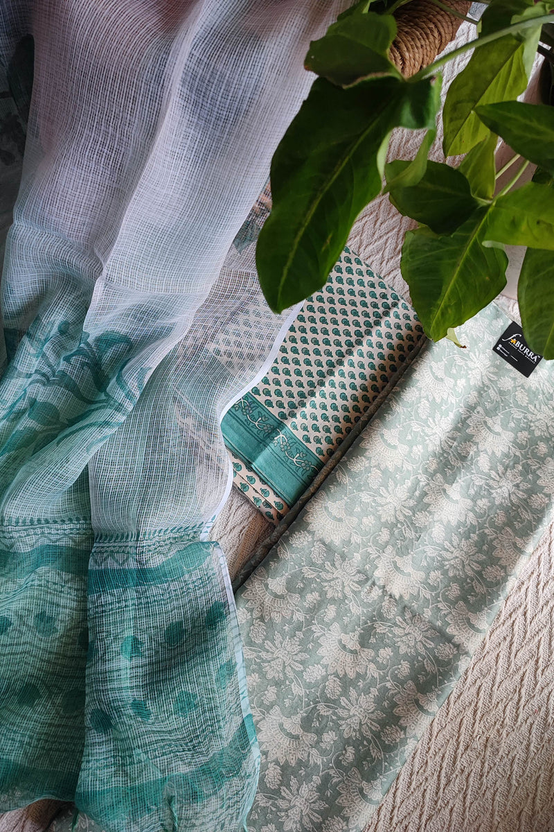 Mint Green Chanderi Silk Unstitched Suit with Kota Dupatta & Cotton Bottom – Elegant Pastel Set