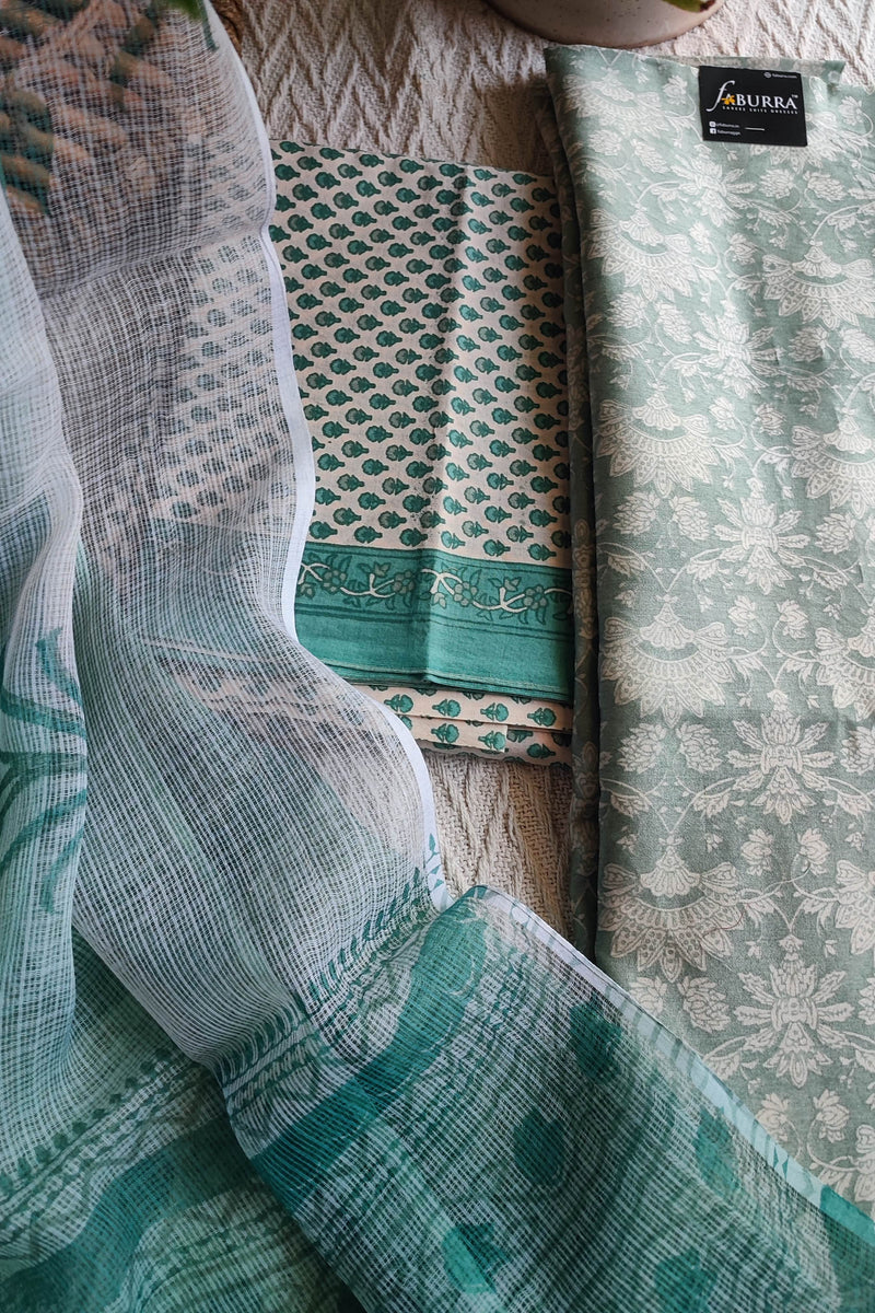 Mint Green Chanderi Silk Unstitched Suit with Kota Dupatta & Cotton Bottom – Elegant Pastel Set
