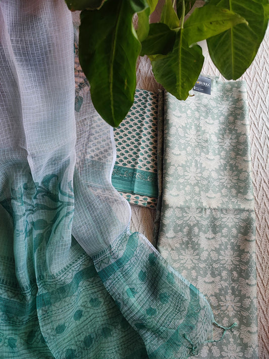 Mint Green Chanderi Silk Unstitched Suit with Kota Dupatta & Cotton Bottom – Elegant Pastel Set