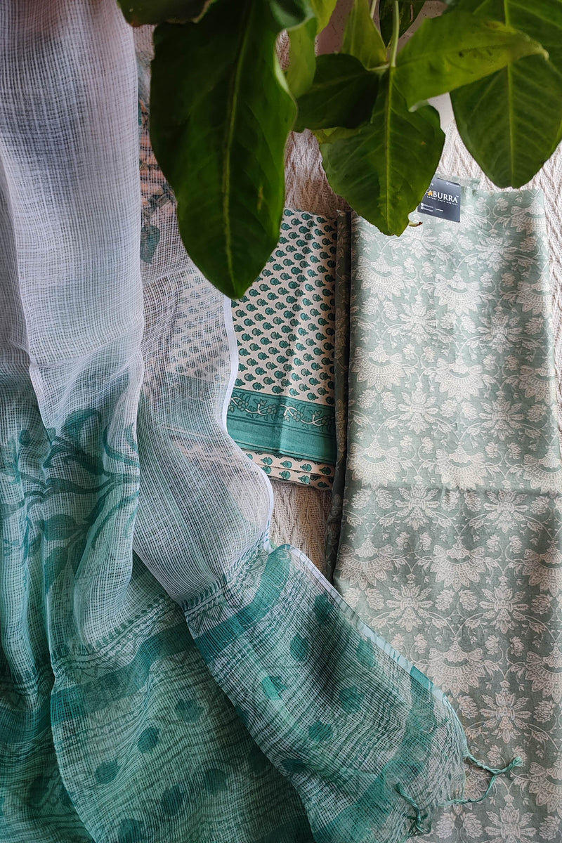 Mint Green Chanderi Silk Unstitched Suit with Kota Dupatta & Cotton Bottom – Elegant Pastel Set