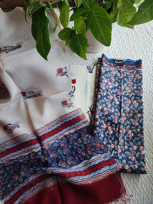 Indigo Floral Chanderi Silk Unstitched Suit with Kota Dupatta & Cotton Bottom – Elegant Custom Wear