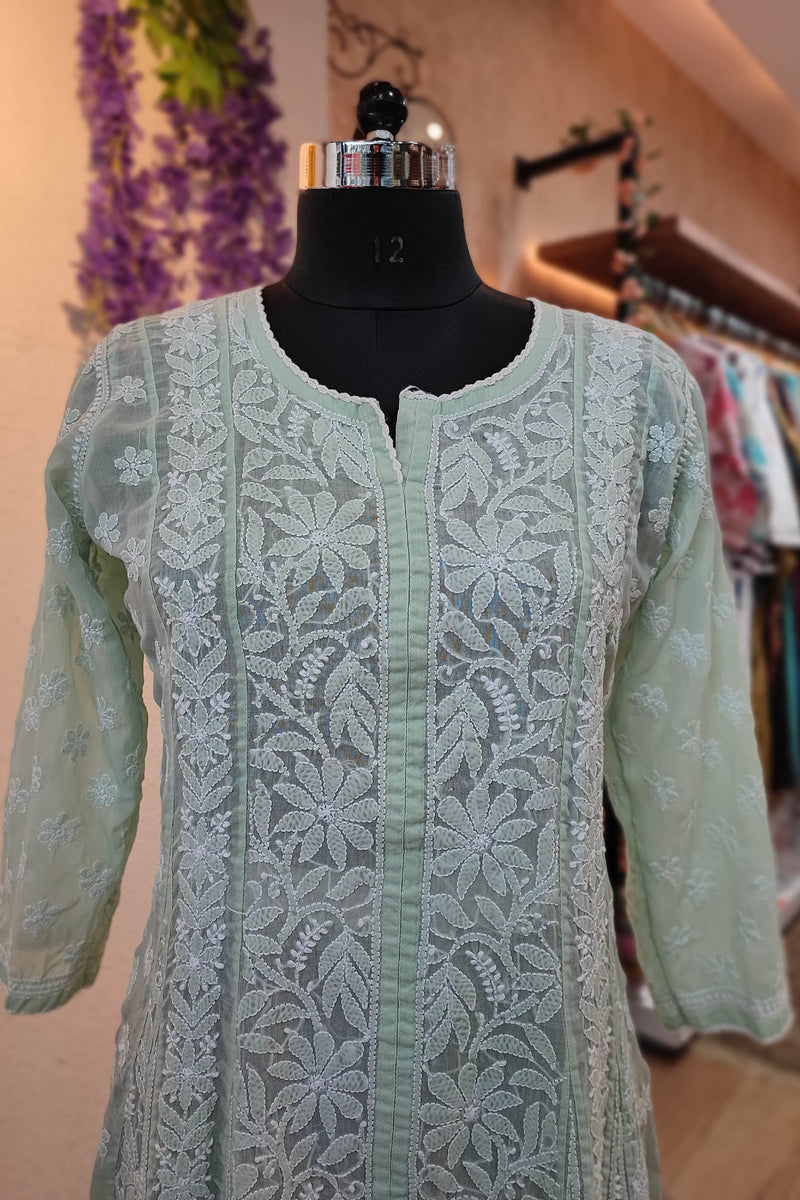Premium Mint Green Full-Length Lucknowi Chikankari Kurta for Women