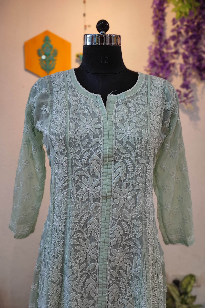 Premium Mint Green Full-Length Lucknowi Chikankari Kurta for Women