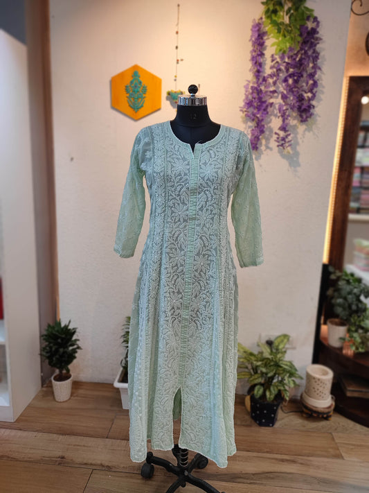 Premium Mint Green Full-Length Lucknowi Chikankari Kurta for Women