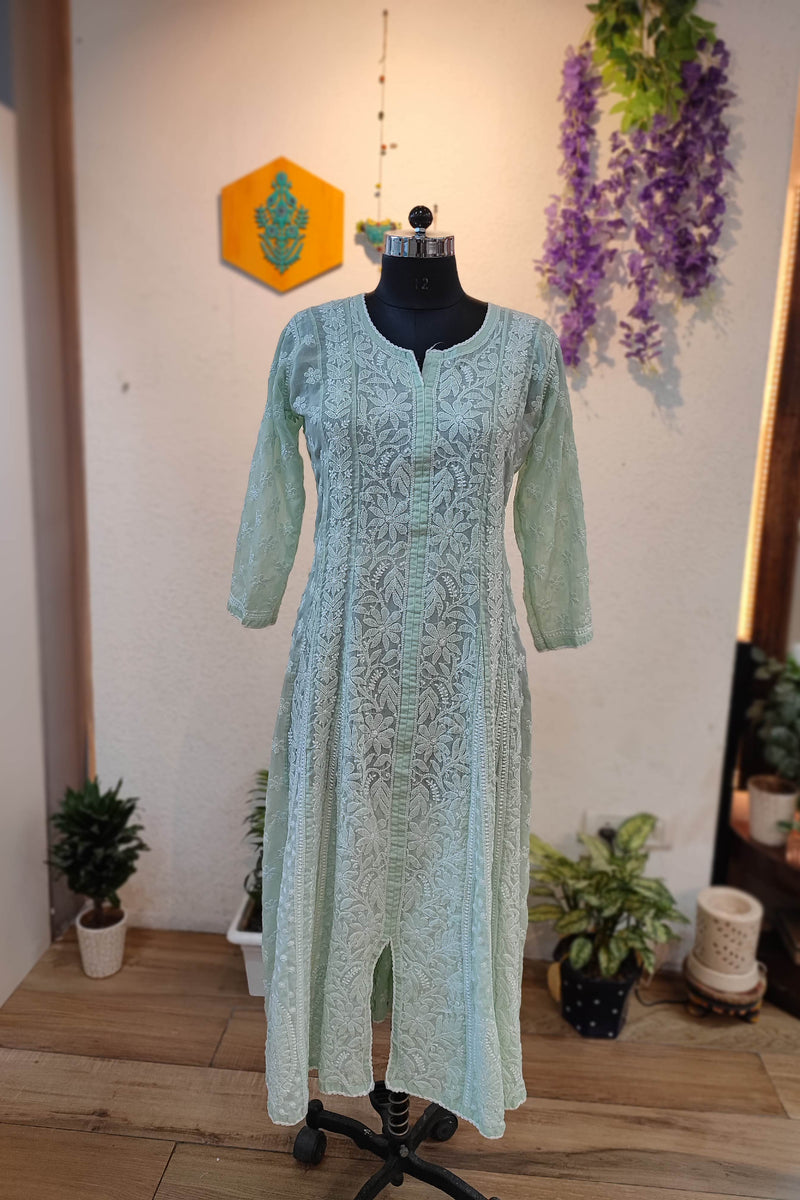 Premium Mint Green Full-Length Lucknowi Chikankari Kurta for Women