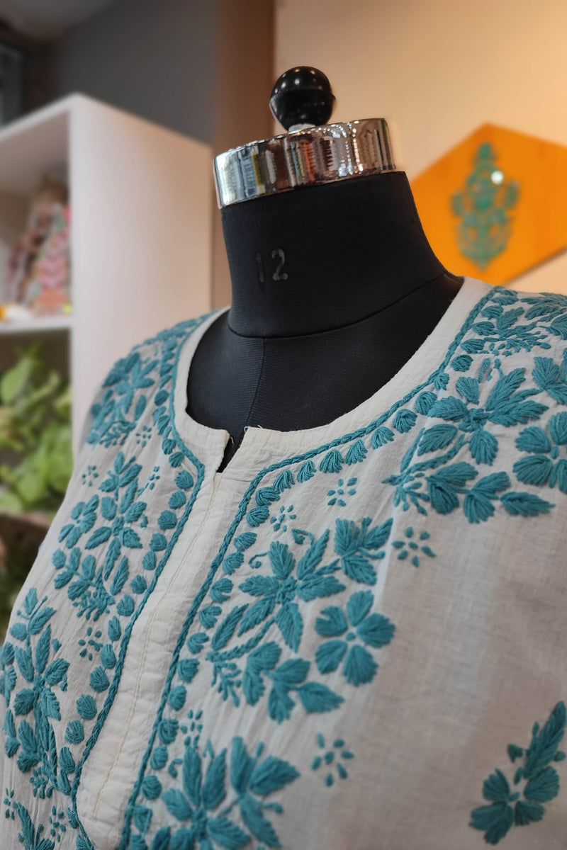 White Cotton Lucknowi Chikankari Kurta with Teal Blue Embroidery for Women