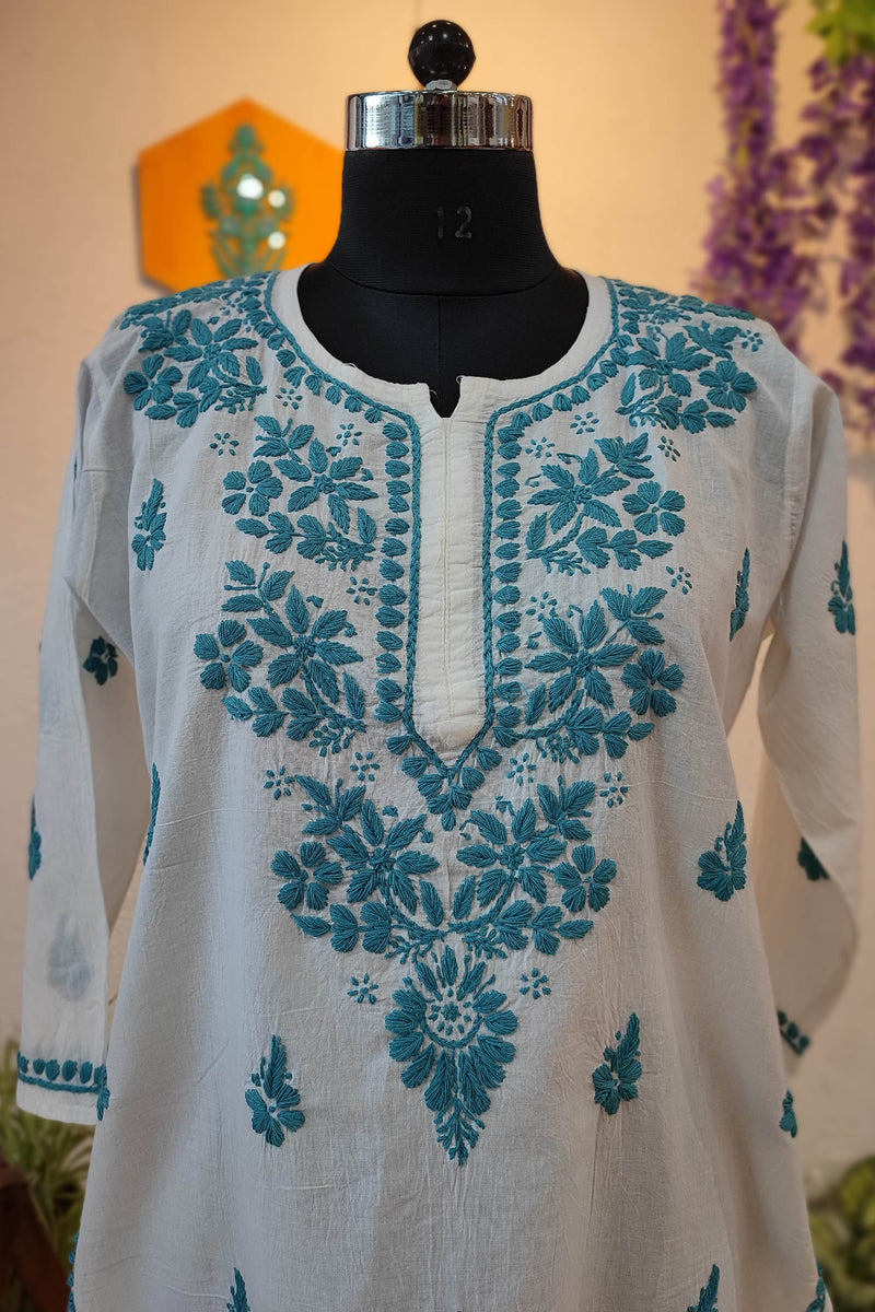 White Cotton Lucknowi Chikankari Kurta with Teal Blue Embroidery for Women