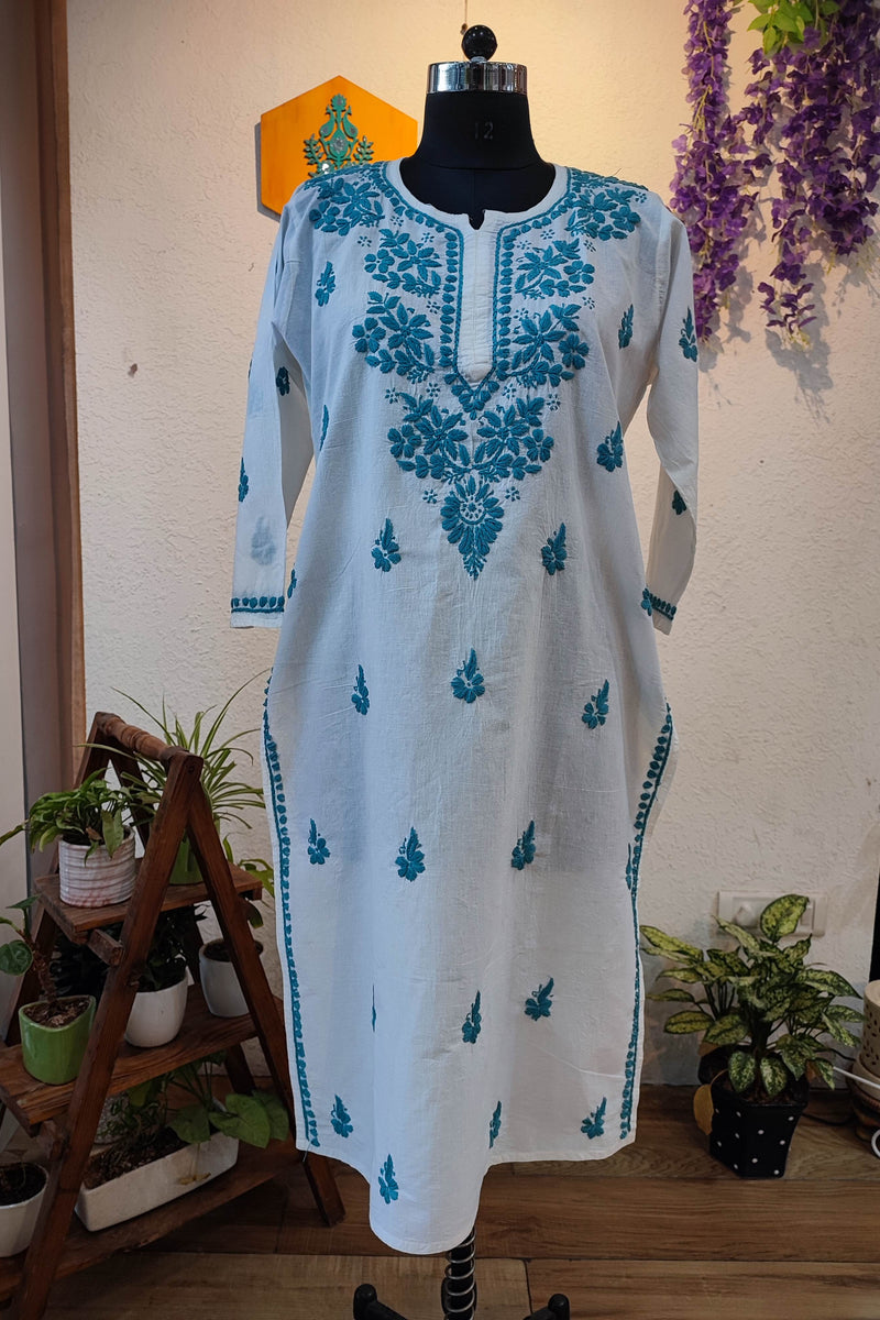White Cotton Lucknowi Chikankari Kurta with Teal Blue Embroidery for Women
