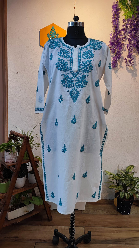 White Cotton Lucknowi Chikankari Kurta with Teal Blue Embroidery for Women