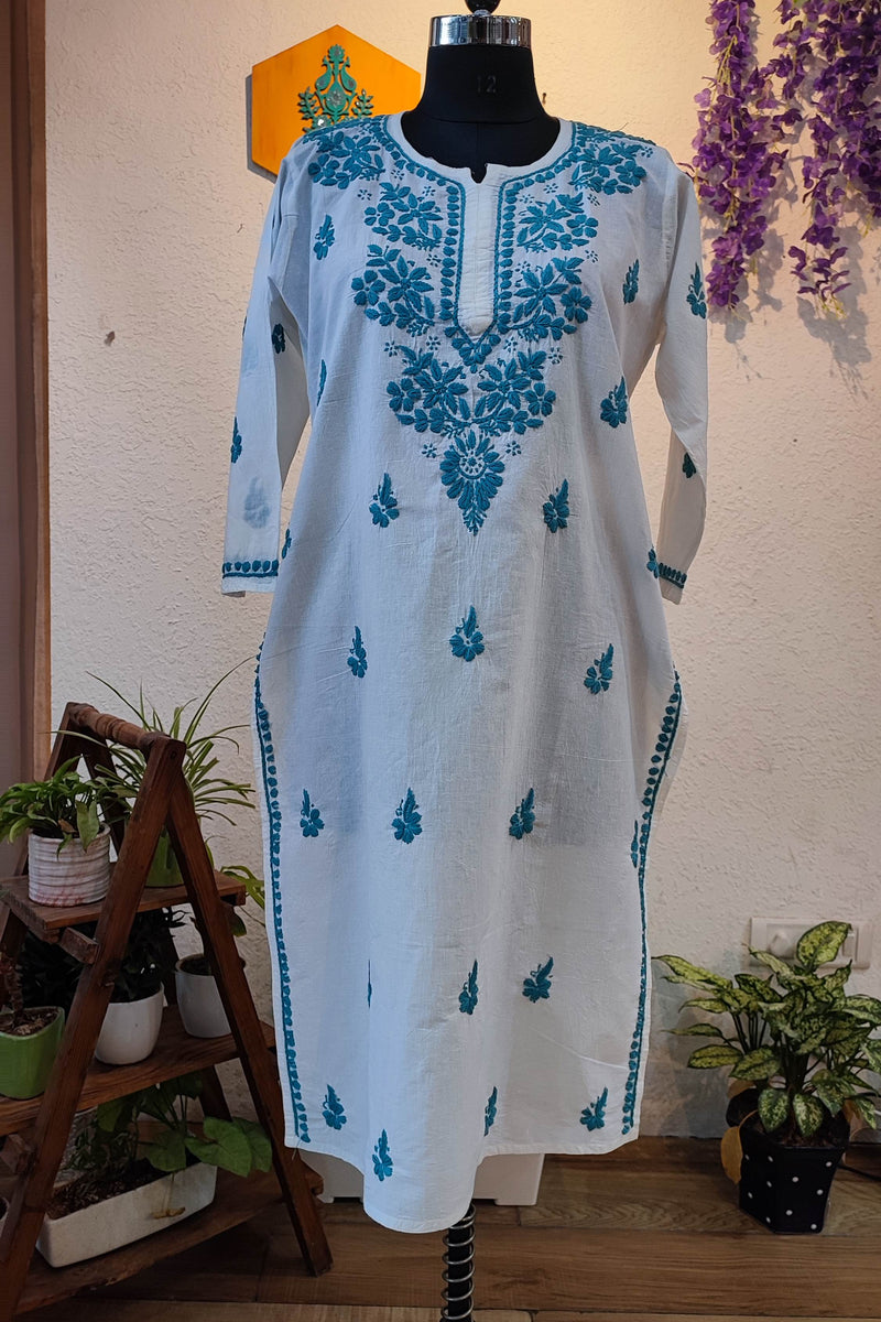 White Cotton Lucknowi Chikankari Kurta with Teal Blue Embroidery for Women