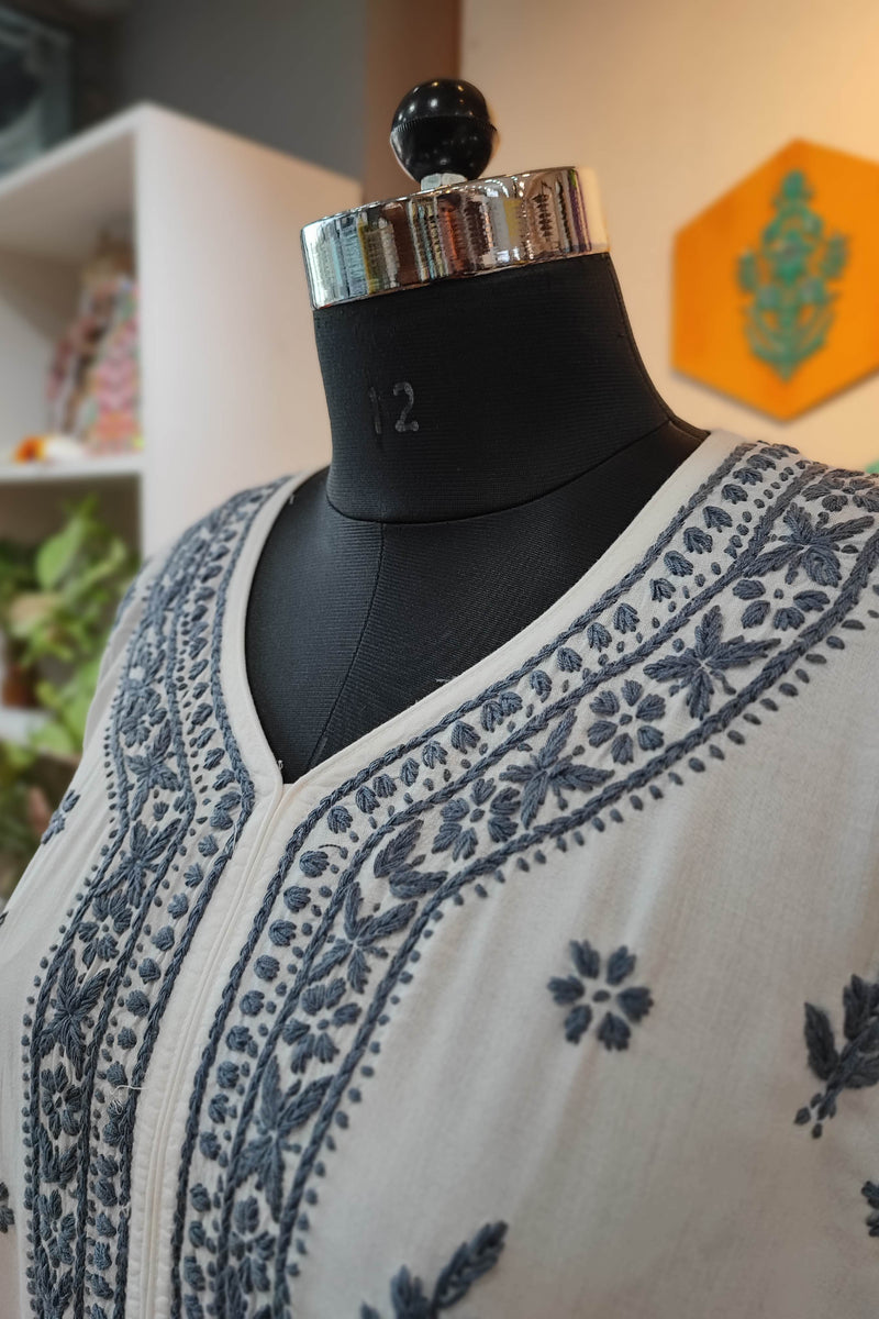 White Cotton Lucknowi Chikankari Kurta with Grey Thread Embroidery for Women