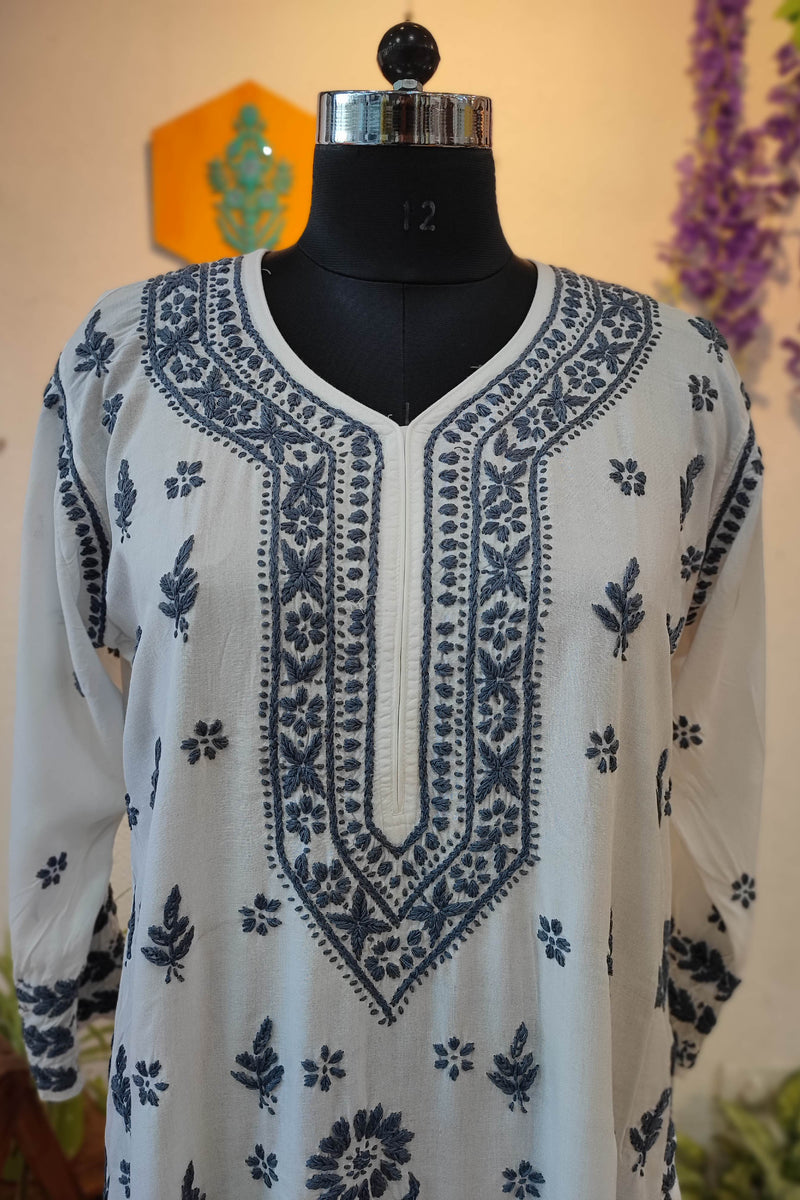 White Cotton Lucknowi Chikankari Kurta with Grey Thread Embroidery for Women