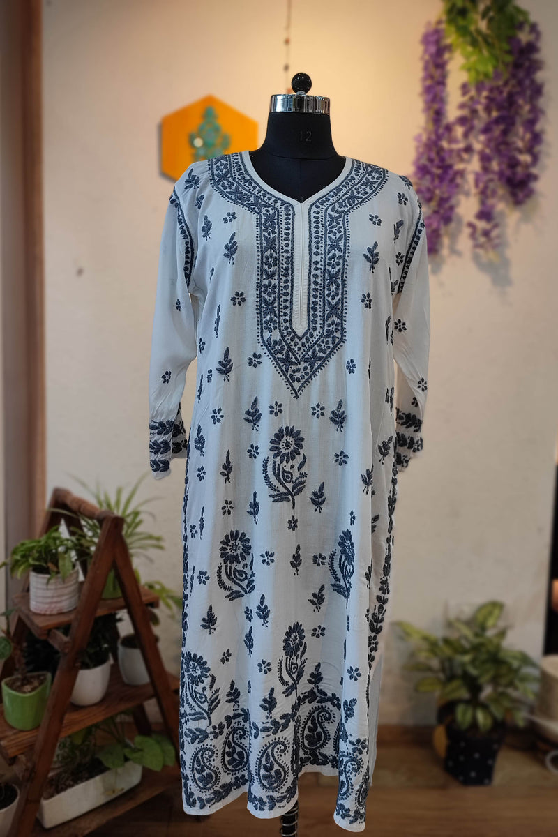 White Cotton Lucknowi Chikankari Kurta with Grey Thread Embroidery for Women