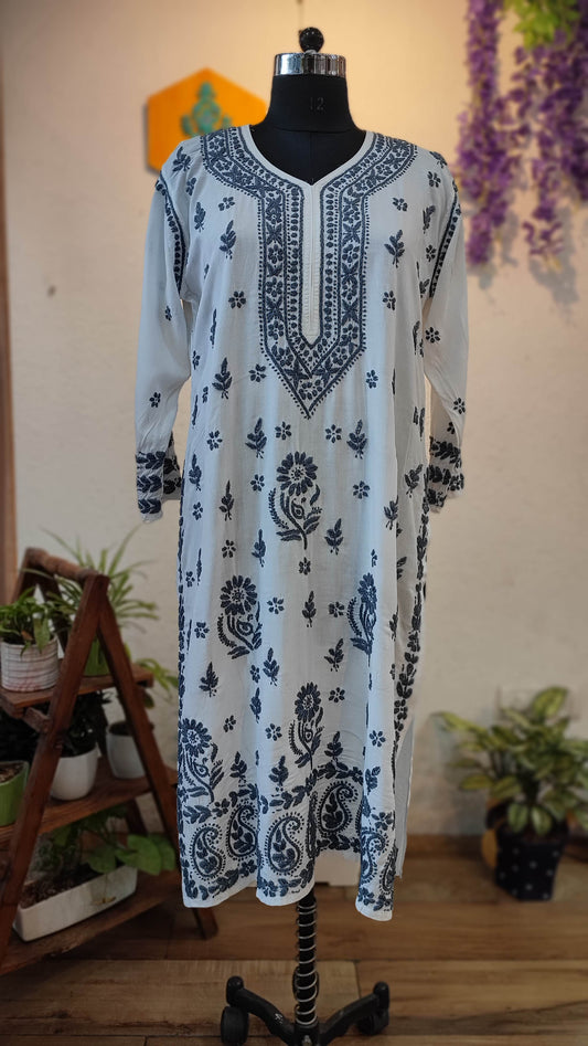 White Cotton Lucknowi Chikankari Kurta with Grey Thread Embroidery for Women