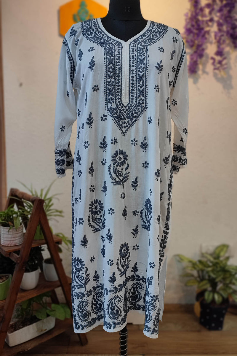 White Cotton Lucknowi Chikankari Kurta with Grey Thread Embroidery for Women