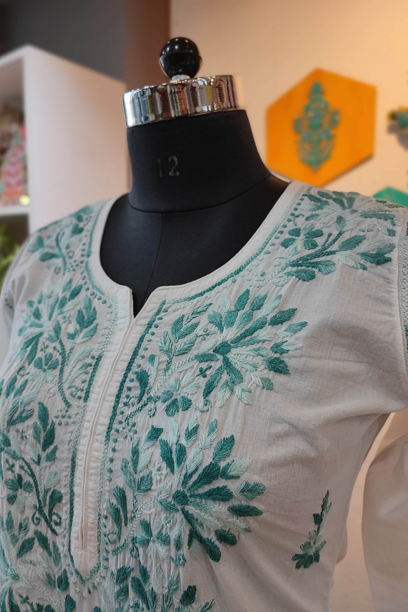 White Cotton Lucknowi Chikankari Kurta with Green Thread Embroidery for Women