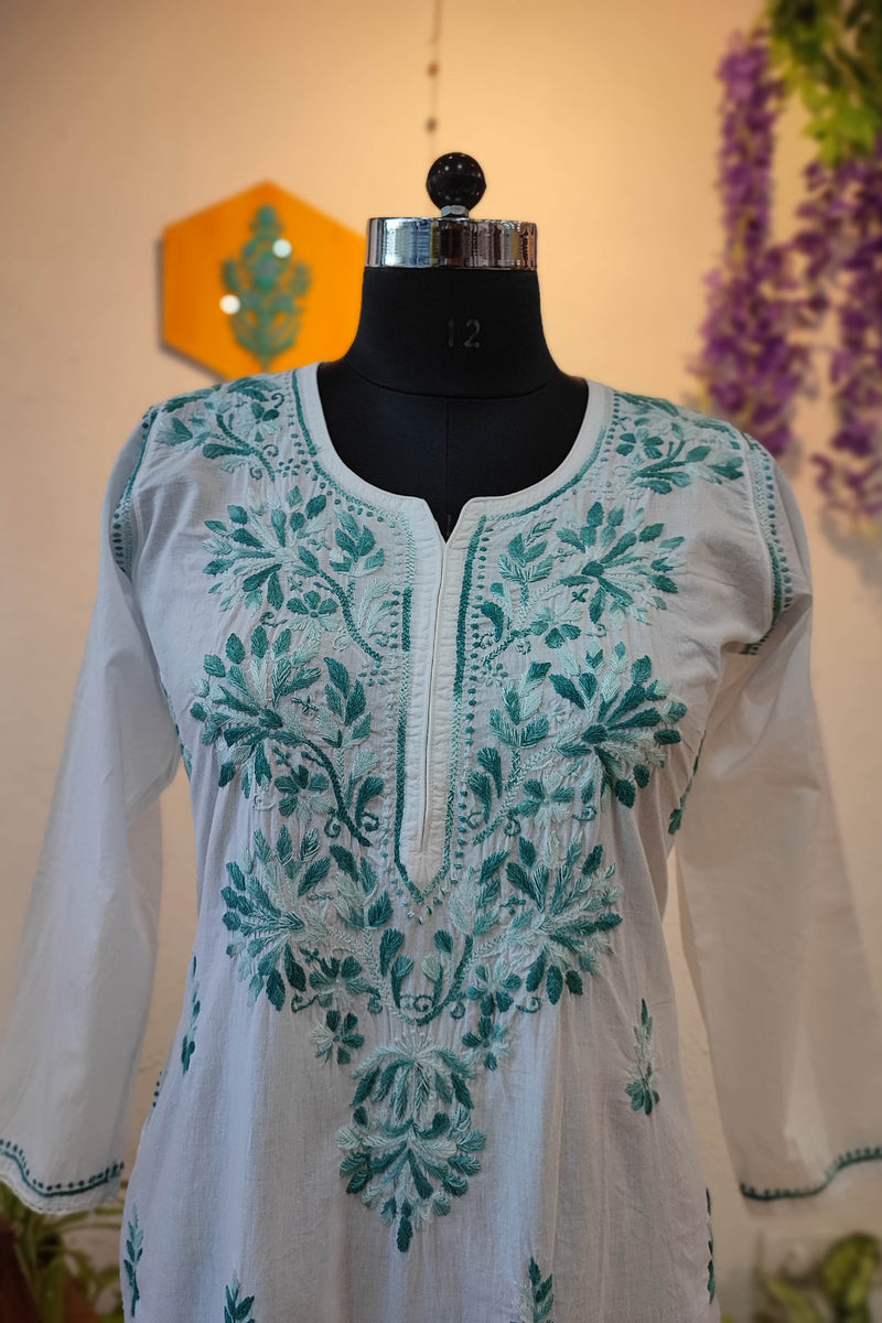 White Cotton Lucknowi Chikankari Kurta with Green Thread Embroidery for Women