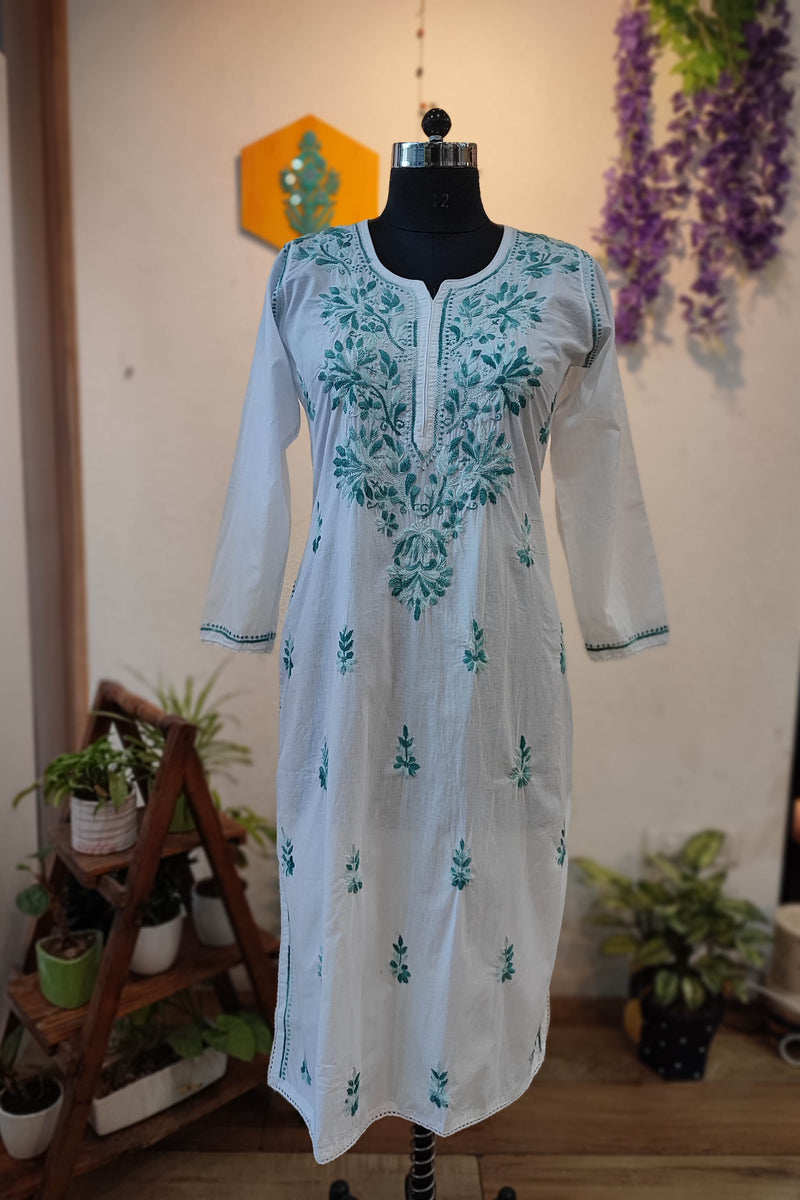 White Cotton Lucknowi Chikankari Kurta with Green Thread Embroidery for Women