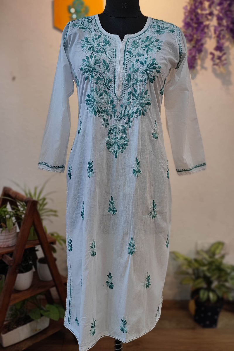 White Cotton Lucknowi Chikankari Kurta with Green Thread Embroidery for Women