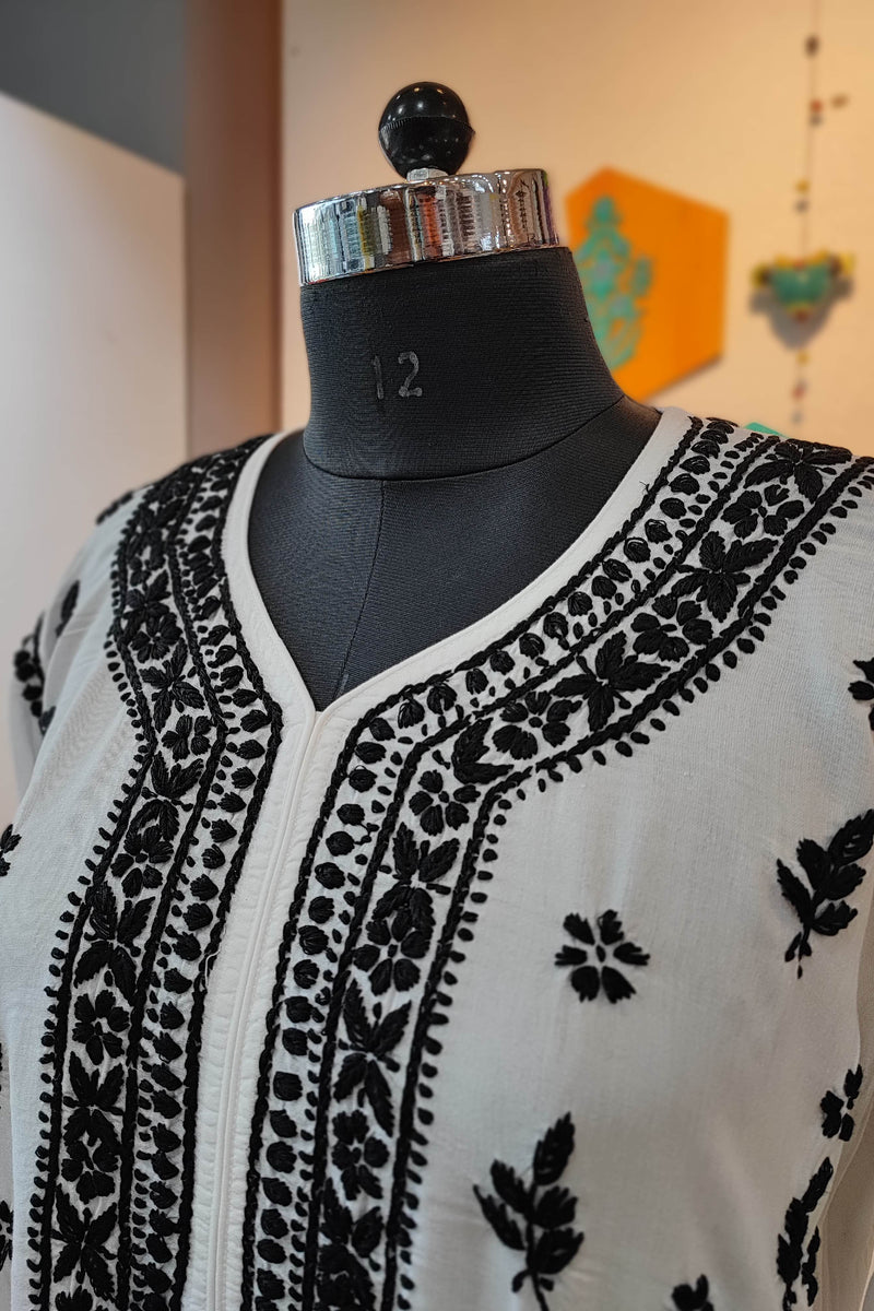 White Cotton Lucknowi Chikankari Kurta with Black Thread Embroidery for Women
