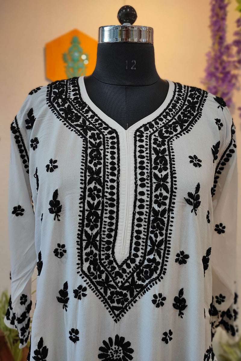 White Cotton Lucknowi Chikankari Kurta with Black Thread Embroidery for Women