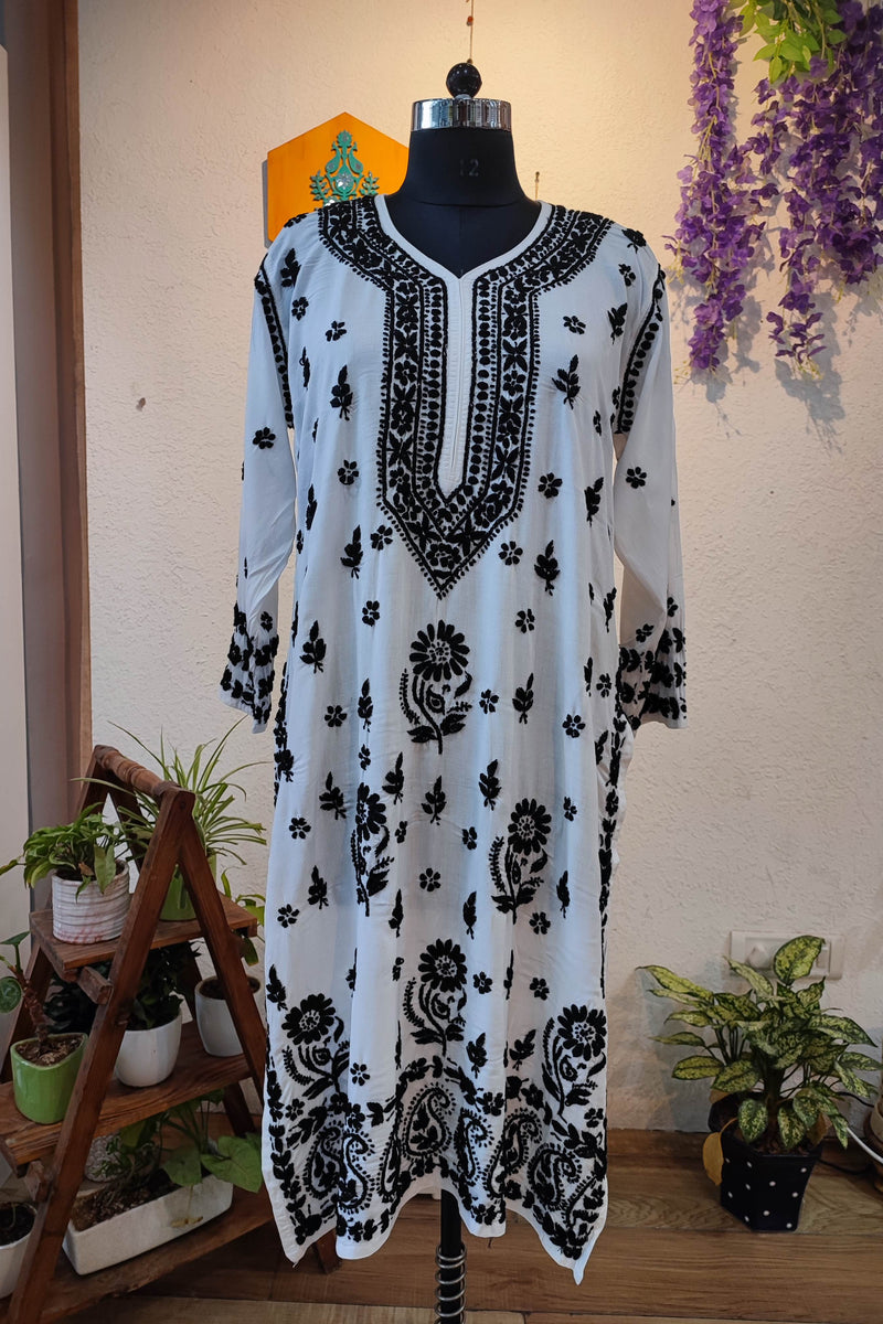 White Cotton Lucknowi Chikankari Kurta with Black Thread Embroidery for Women