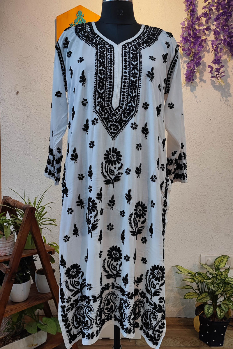White Cotton Lucknowi Chikankari Kurta with Black Thread Embroidery for Women