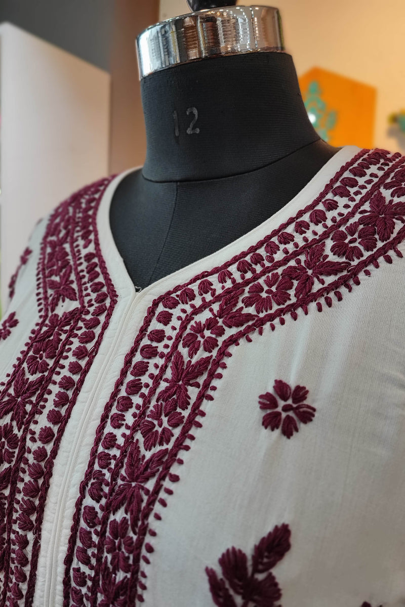 White Cotton Lucknowi Chikankari Kurta with Maroon Thread Embroidery for Women