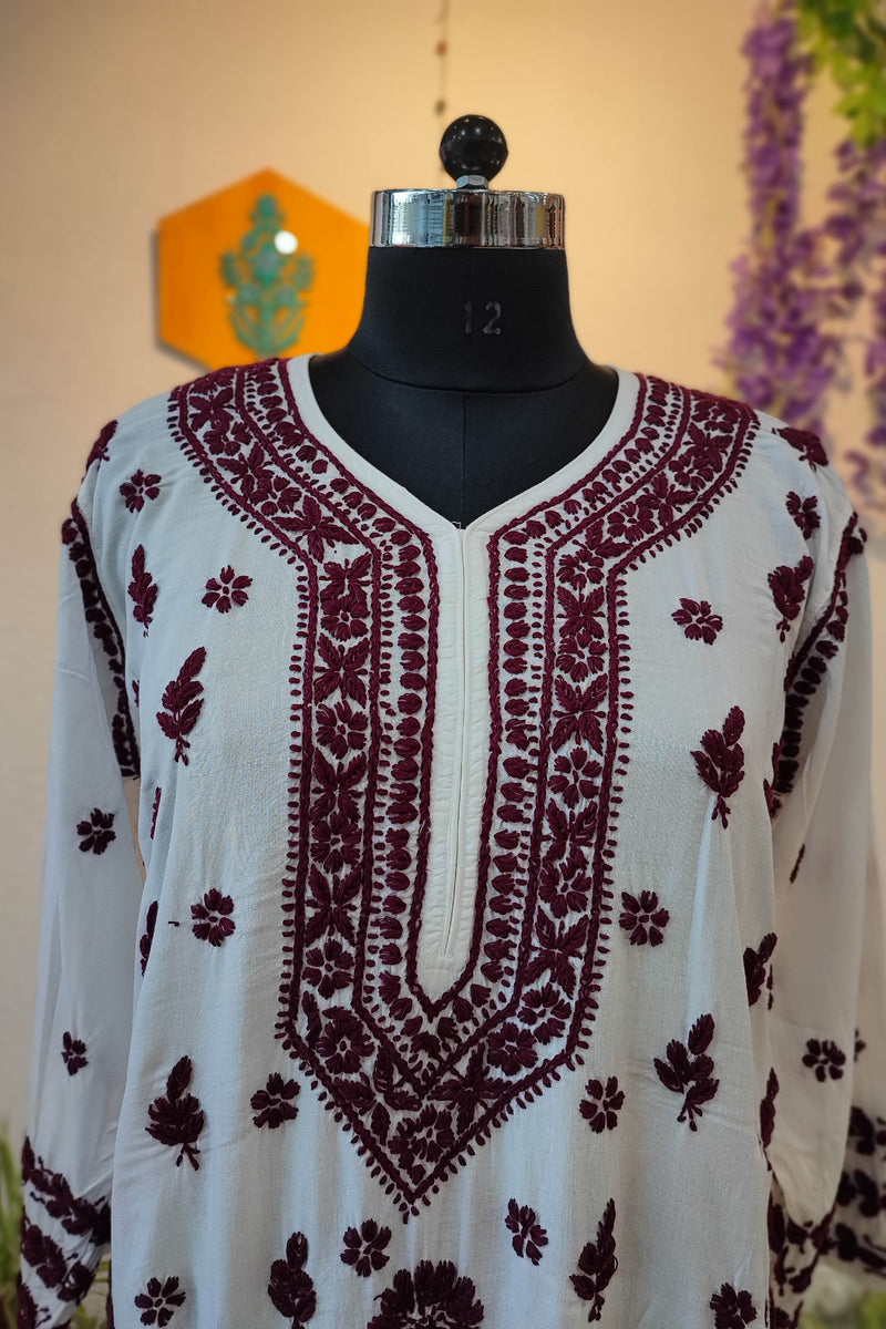 White Cotton Lucknowi Chikankari Kurta with Maroon Thread Embroidery for Women