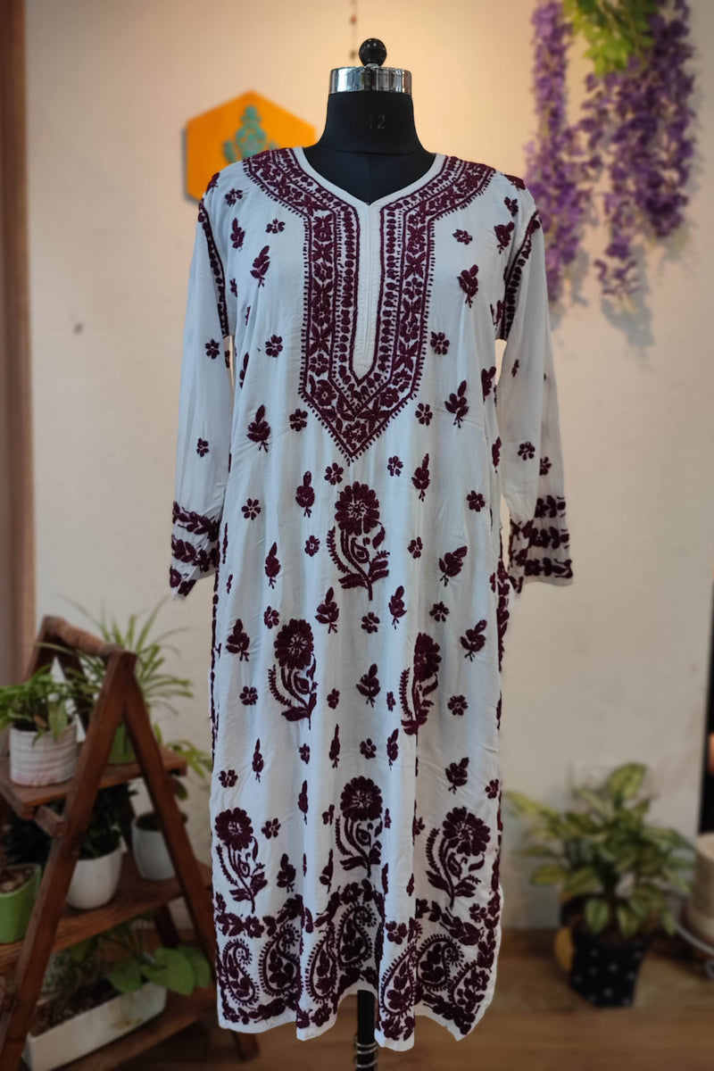 White Cotton Lucknowi Chikankari Kurta with Maroon Thread Embroidery for Women