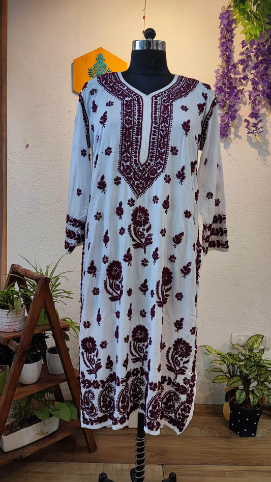White Cotton Lucknowi Chikankari Kurta with Maroon Thread Embroidery for Women