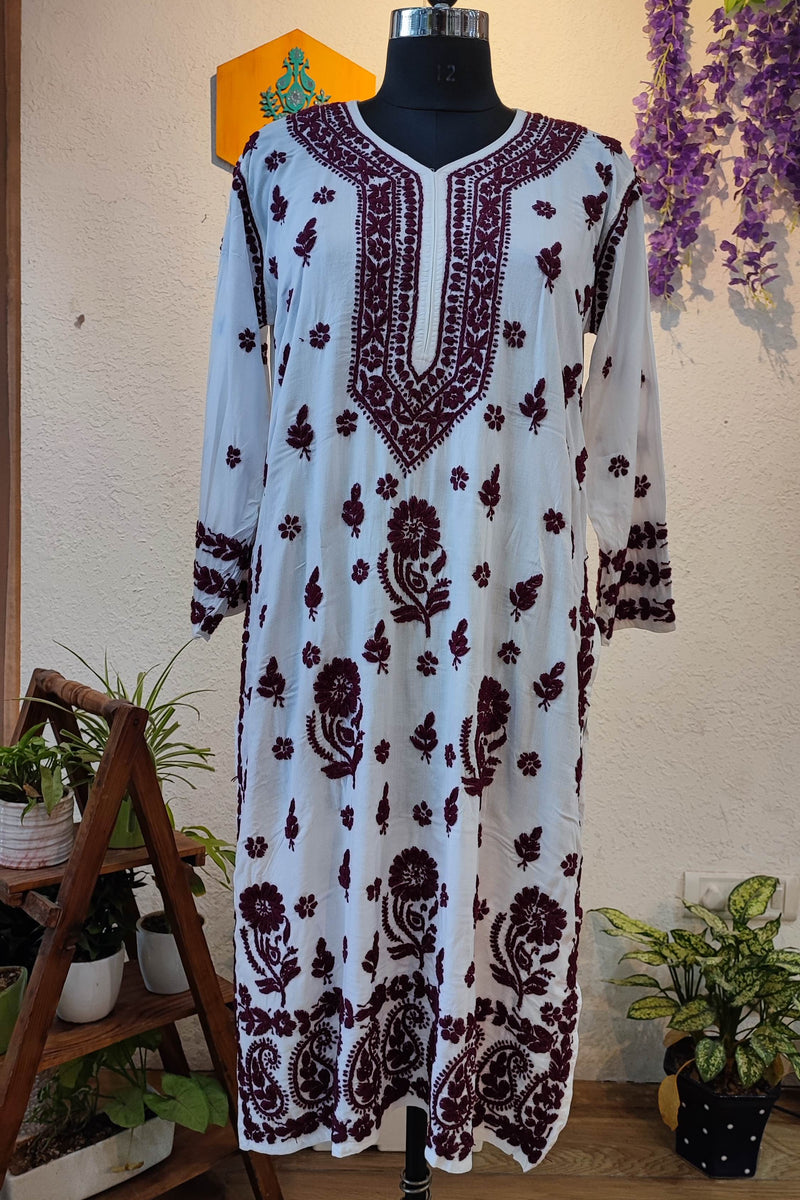 White Cotton Lucknowi Chikankari Kurta with Maroon Thread Embroidery for Women
