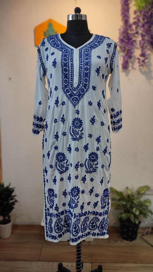 White Cotton Lucknowi Chikankari Kurta with Blue Thread Embroidery for Women