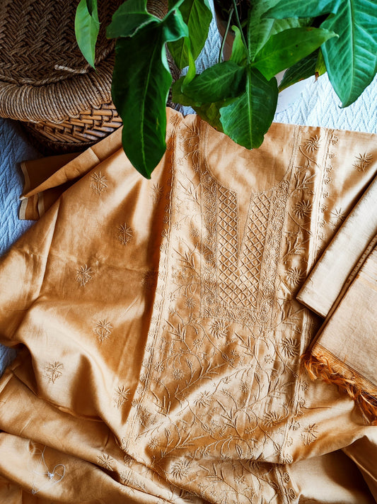 Beige Chanderi Silk Lucknowi Chikankari Suit Material with Cotton Bottom & Dupatta