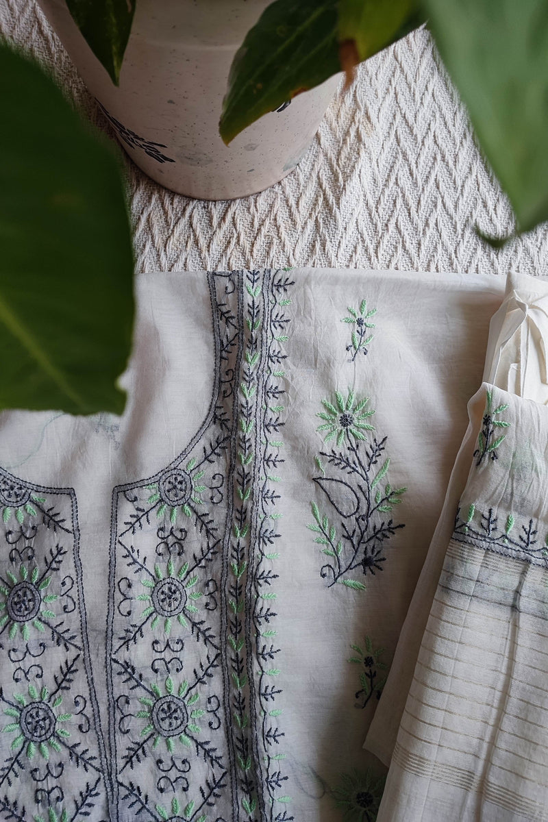 White Chanderi Silk Lucknowi Chikankari Suit Material with Cotton Bottom & Dupatta