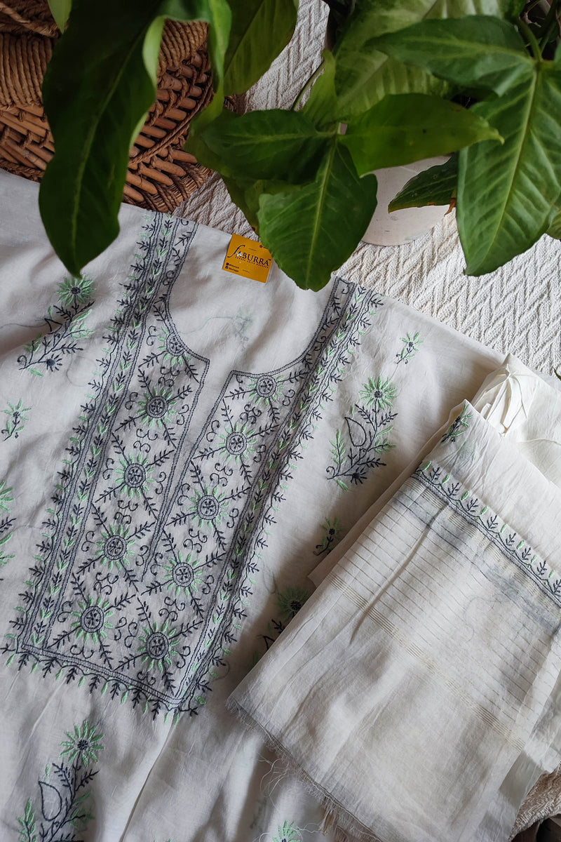 White Chanderi Silk Lucknowi Chikankari Suit Material with Cotton Bottom & Dupatta