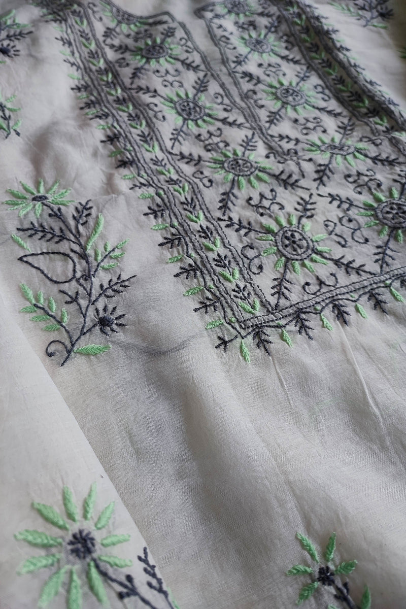 White Chanderi Silk Lucknowi Chikankari Suit Material with Cotton Bottom & Dupatta