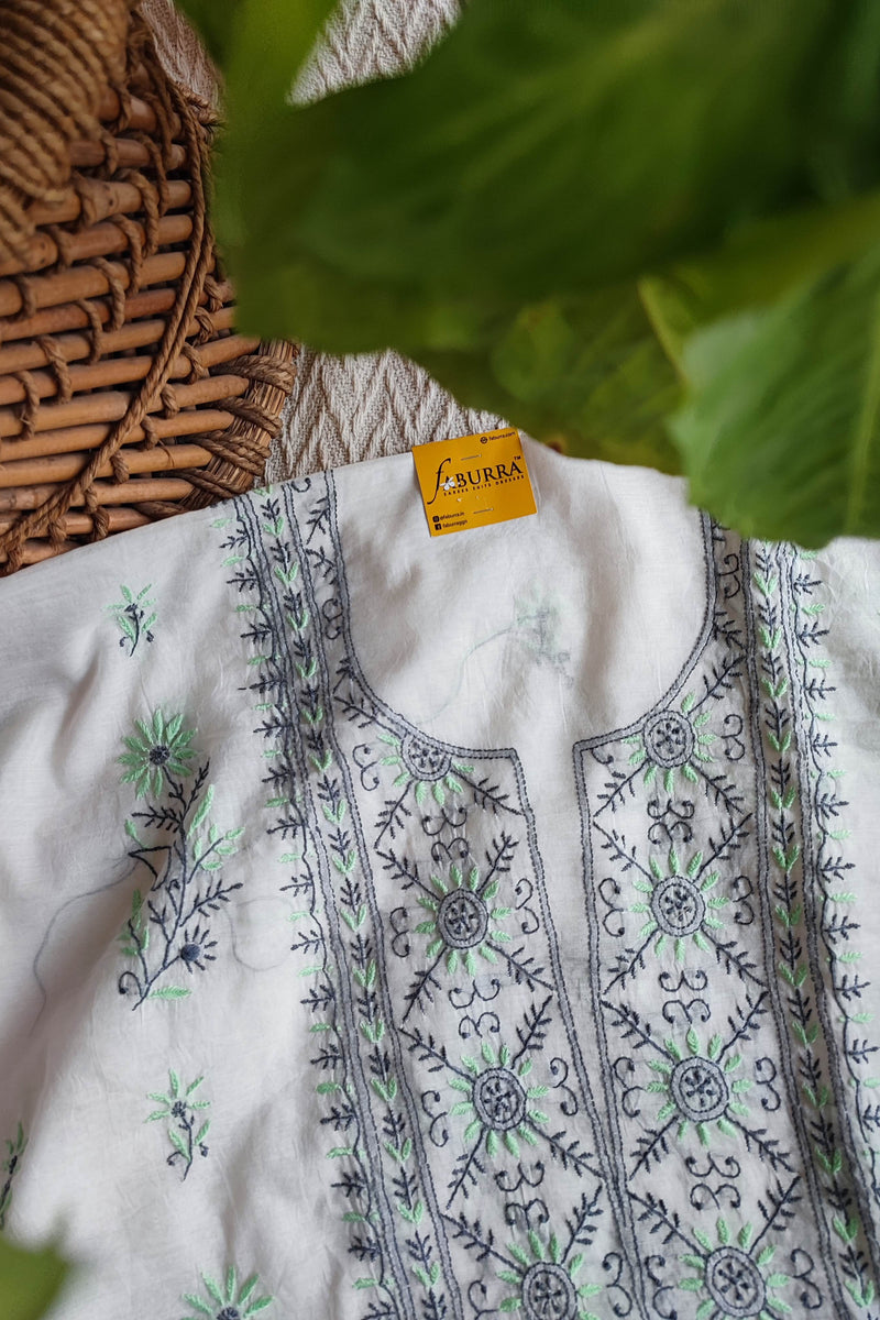 White Chanderi Silk Lucknowi Chikankari Suit Material with Cotton Bottom & Dupatta