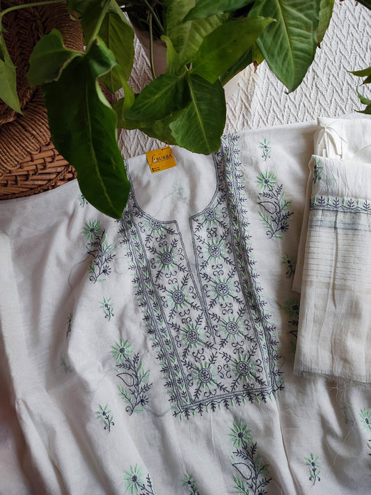 White Chanderi Silk Lucknowi Chikankari Suit Material with Cotton Bottom & Dupatta
