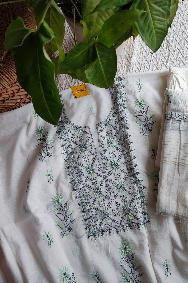 White Chanderi Silk Lucknowi Chikankari Suit Material with Cotton Bottom & Dupatta
