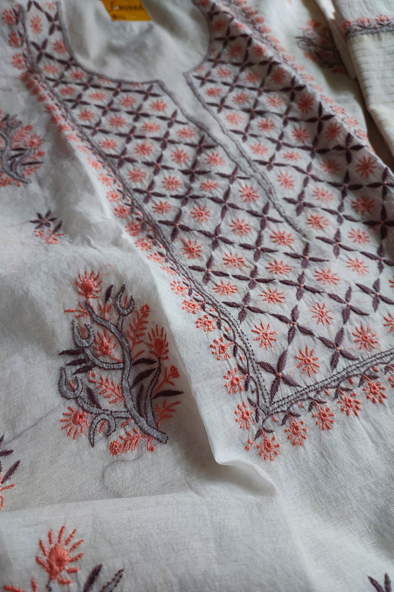 White Chanderi Silk Lucknowi Chikankari Suit Material with Cotton Bottom & Dupatta (Peach & Grey Embroidery)