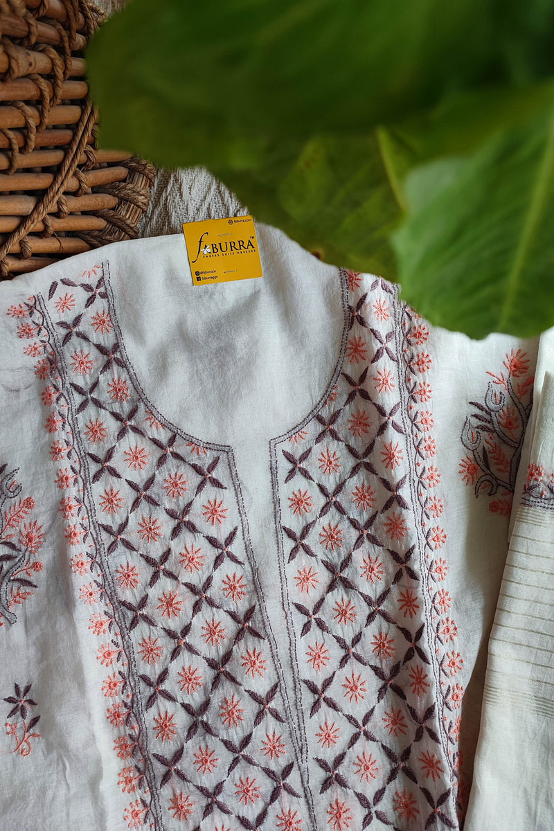 White Chanderi Silk Lucknowi Chikankari Suit Material with Cotton Bottom & Dupatta (Peach & Grey Embroidery)