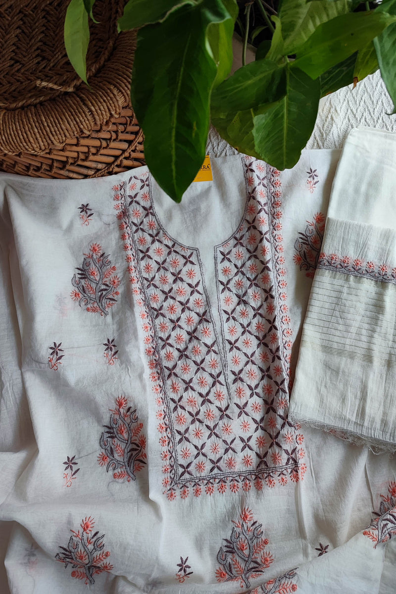White Chanderi Silk Lucknowi Chikankari Suit Material with Cotton Bottom & Dupatta (Peach & Grey Embroidery)